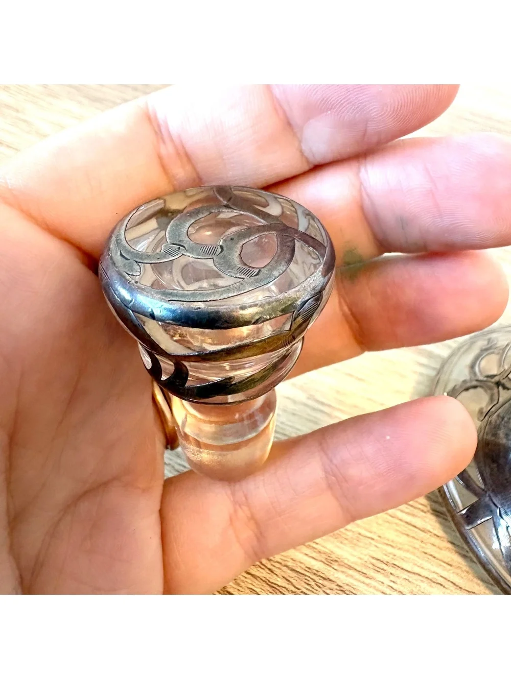 Antique 999 Fine Silver Overlay Perfume Bottle Decanter Glass Stopper